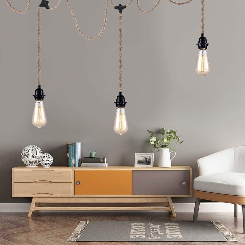 KENMI 3-Light Hanging Light with Plug in Cord,Plug in Pendant Light 22ft Hemp Rope Pendant Lighting Vintage 3-Light Hanging Lamp Fixtures for Kitchen Island Living Room Bedroom - Image 3